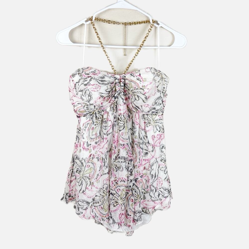 Express Design Studio Y2K Floral Silk Chain Strap Halter Top Womens Size 8 Fairy